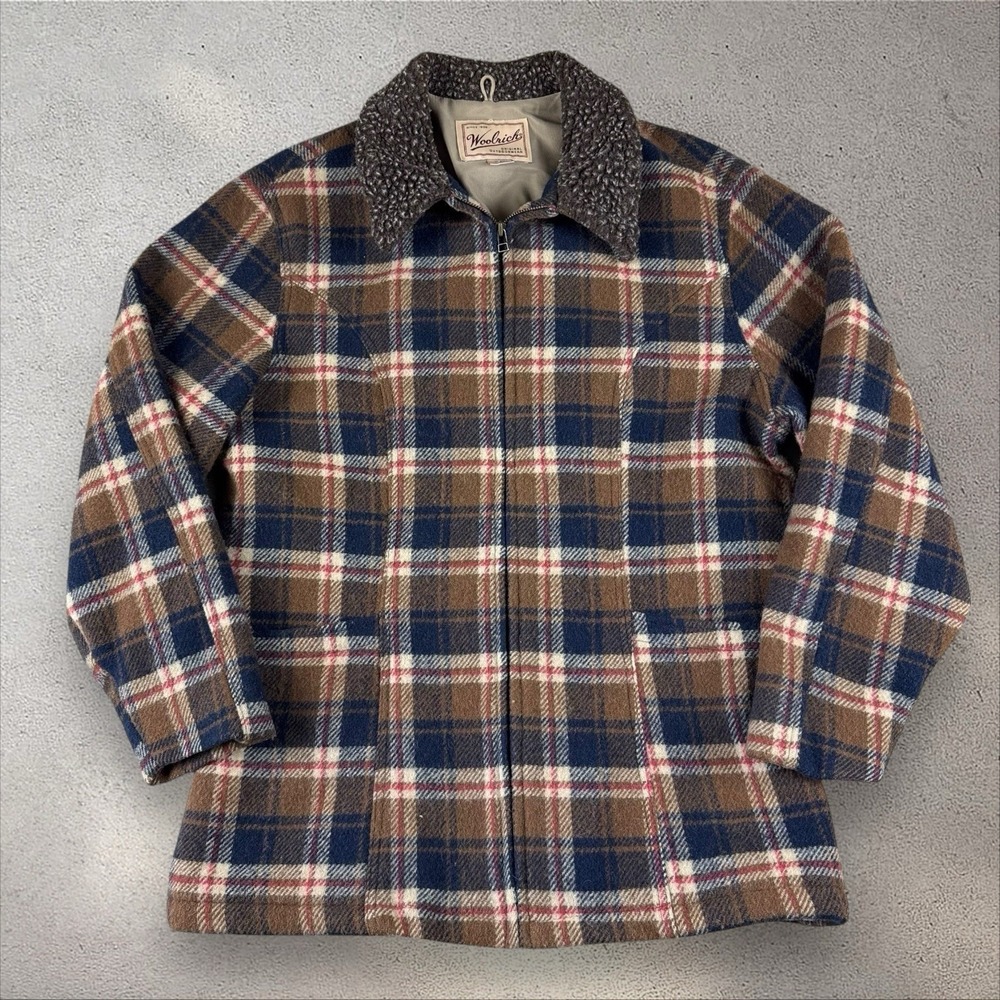 Vintage Woolrich Women's Wool Chore Coat Jacket Medium Plaid Sherpa Collar
